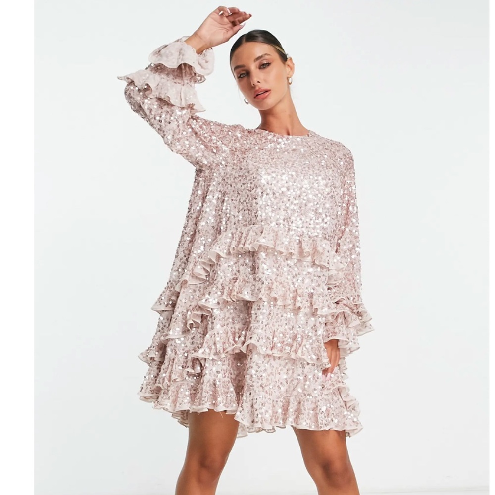 ASOS DESIGN Sequin Ruffle Shift Dress - Light Pink